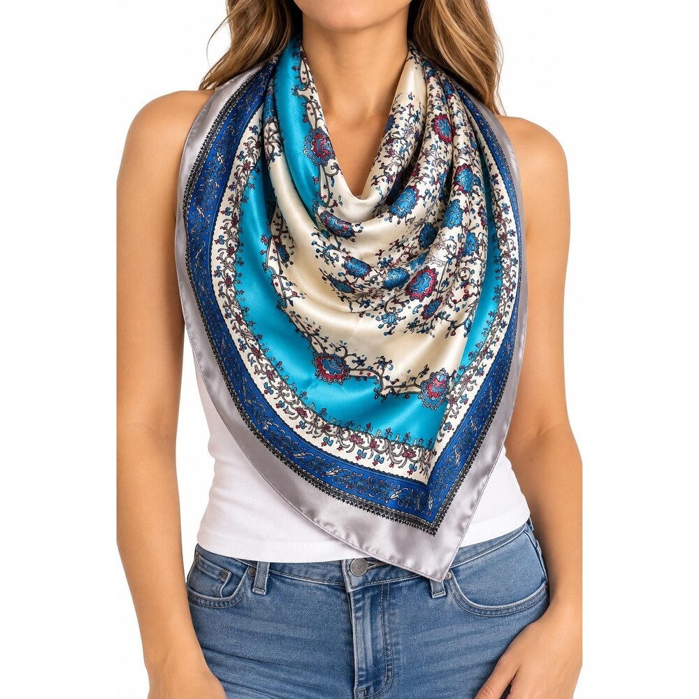 Corciava Womens Blue Floral Satin Scarf Square Silk Feel Paisley 36in